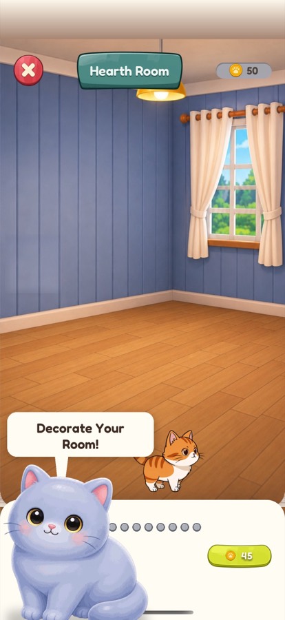 The Hearth Room, a warm empty room with blue panelled walls, a window and a wooden floor, with a ginger cat standing in it