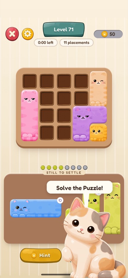 A Furrfect Fit puzzle board with pink, orange, purple and yellow cat-shaped pieces placed on a wooden grid